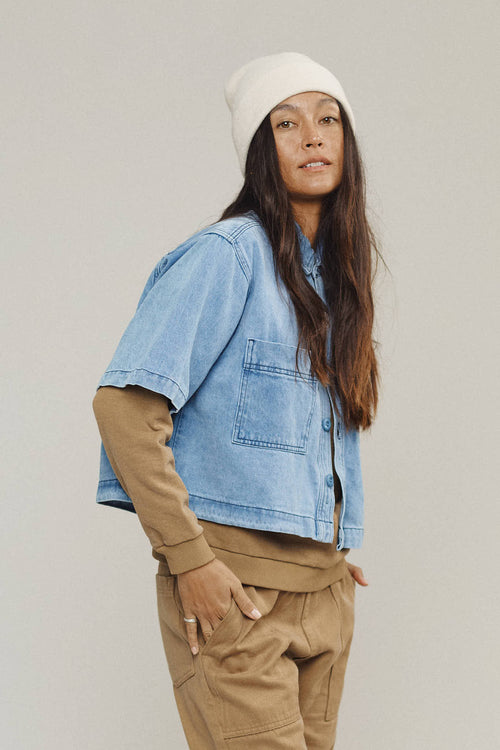 Denim Phinney Shirt | Jungmaven Hemp Clothing & Accessories / model_desc: Tamiko is 5’8” wearing S