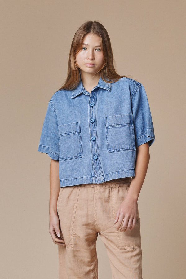 Denim Phinney Shirt | Jungmaven Hemp Clothing & Accessories / model_desc: Katrel is 5’9” wearing S